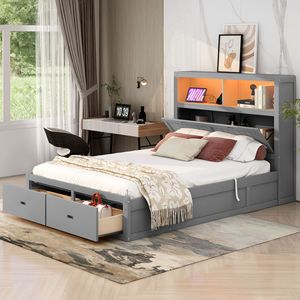 Lit de rangement hydraulique gris avec tiroirs et tête de lit pour chambre à coucher - Product Image 1