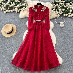 fitted lace wedding dress Zapaka Women Vintage Dress Peter Pan Collar Swing 1950s Dress with Short Sleeves, Red / L main image 0