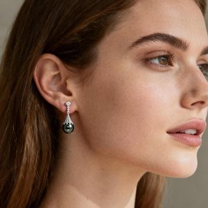 Orecchini Pendenti con Perle Nere di Tahiti Rikitea 9-11mm, Perle Naturali AAAA, Argento Sterling, Moissanite, Gioielli da Matrimonio - Product Image 2