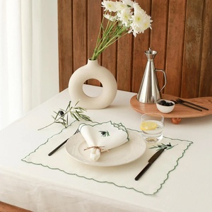 Custom Patterns Personalized Scalloped Edge Luxury Organic Flax Pure Embroidered <b>Table</b> <b>Cloth</b> <b>Linen</b> Napkins 45*45cm - Product Image 4