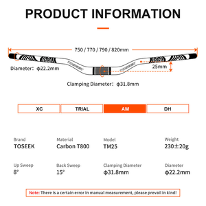 Guidon de VTT TOSEEK en fibre de carbone haute résistance et léger, pour vélo AM, hauteur 25/35 mm, sécurité pour cyclocross, tige de vélo BMX/MTB - Product Image 3