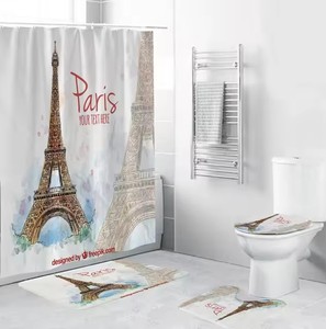 Ensemble 3D quatre pièces Tour Eiffel en polyester écologique : rideau de douche, tapis antidérapants et couvercle de toilette à motif paysage parisien - Product Image 1