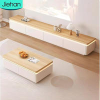 Ensemble Meuble TV et Table Basse Style Crème Moderne en MDF, Meuble de Salon Multi-Niveaux avec Grand Rangement