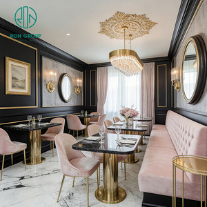 Table et chaises de café élégantes de style français, personnalisées, en marbre ovale, avec revêtement en velours rose, pour restaurant, salon de café - Product Image 6