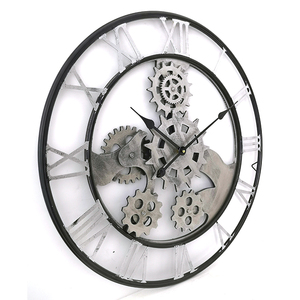 Horloge murale à quartz de style industriel rétro ronde de 70 cm en bois argenté avec engrenage et chiffres romains pour <span class=keywords><strong>la</strong></span> décoration de <span class=keywords><strong>la</strong></span> maison - Product Image 2