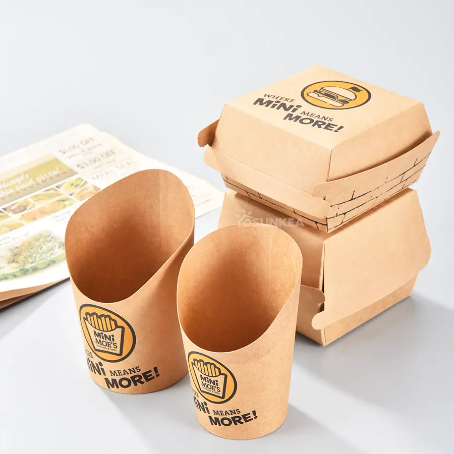 Set di tazze per hamburger e patatine fritte in carta kraft stampata compostabile biodegradabile