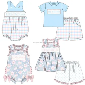 New arrival wholesale children's boutique clothing 2 pieces smocking girl sets big sister embroidery floral print girl outfits