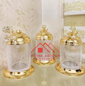 Kitchen Equipment Crackle Glass Canister With Brass Lid Set of 3 2023 New Design Round Shape Tea Coffee Sugar Biscuits Container