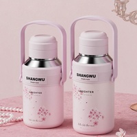 Botol Air Vakum Stainless Steel 316 Desain Bunga Pink, Terisolasi, Cantik, Portabel, dengan Gagang, untuk Wanita