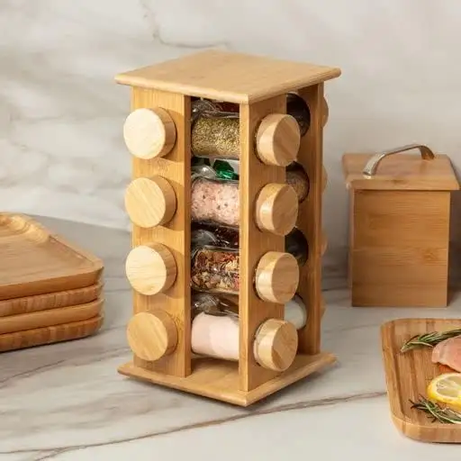 Estante de condimentos de bambú de 4 capas, Base giratoria, tapa de madera, botella de especias, estante de bambú, especias para estante de Cocina, Restaurante