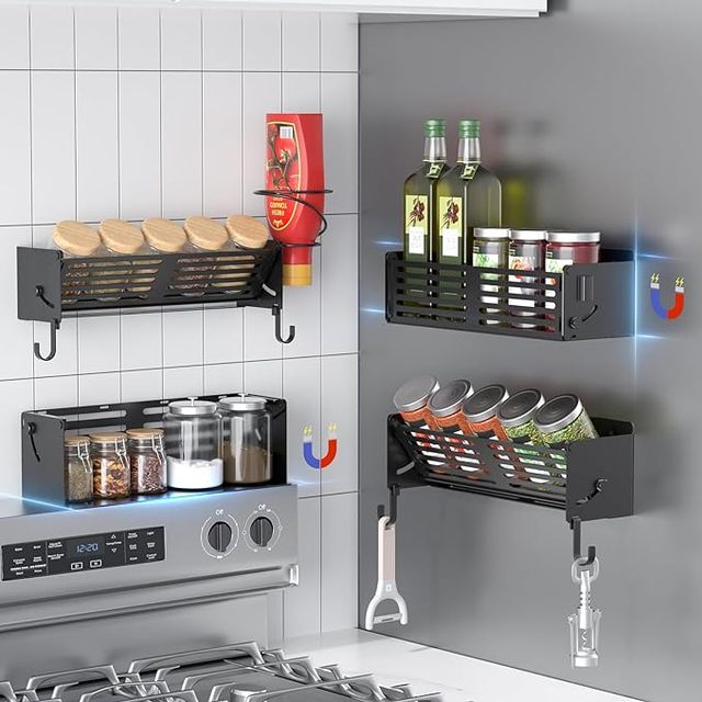 Magnetic Spice Rack for Refrigerator, 4 Pack Moveable Magnet Organizer for Spice Jars and Seasonings