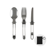 Ensemble de couverts de camping 3 pièces en acier inoxydable 430 pliables (couteau, fourchette, cuillère) avec surface polie et sac de rangement portable pour l'extérieur