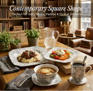 Vintage <b>Grey</b> Floral Bird Ceramic Dinnerware <b>Set</b> 16-Piece Square Plate Bowl <b>Mug</b> <b>Set</b> For 4 French Country Wedding Hotel Restaurant - Product Image 6