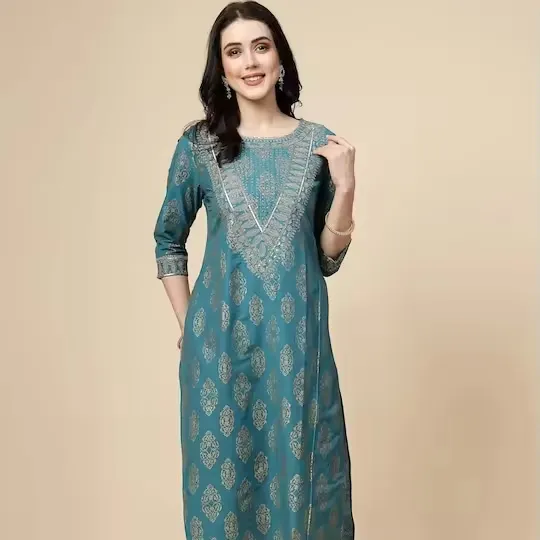 2024 Mới Nhất Quần Áo Top Bán Dân tộc Họa tiết In Sequins Thẳng Và Vòng Cổ Kurta Với Thường Xuyên Phong Cách Cho Phụ Nữ