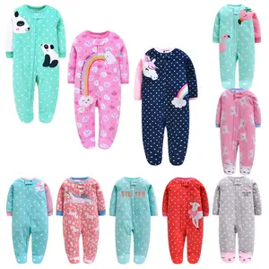 Newborn Baby Autumn And Winter Clothing Polar Fleece Rompers Infant Baby Boy Girl Cartoon Dinosaur Foot Zipper One-piece Pajama