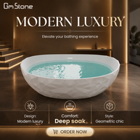 Baignoire autoportante GM-8035 GMstone en résine blanche moderne, surface solide, avec drain central, garantie 3 ans, pour salle de bain