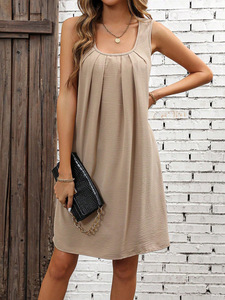 Solid color pleated dress women's loose U-neck strap A-line <b>skirt</b> sling was thin - Product Image 5