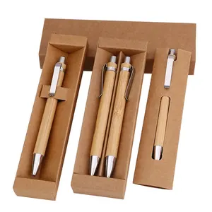 Stationery bamboo ballpoint pen custom engraved laser logo ball pen set in gift paper box for promotion and gift