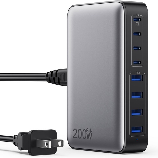 200W GaN Desktop Multi-Port Charging Station PD Fast Charger High Power USB-C Charger for Laptop Phone Tablet Home Office