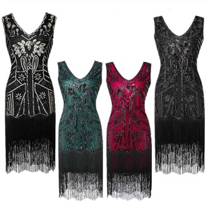 Vintage 1920s Gatsby Evening Dress V-Neck <b>Sequined</b> Tassel Skirt Women's Party Dress Handmade Vintage Style - Product Image 1