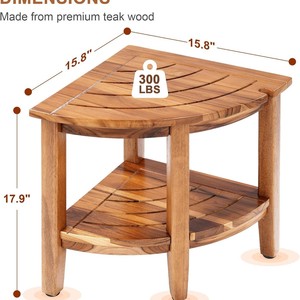 Tabouret de salle de bain triangulaire en teck double couche, banc de douche en bois massif en forme d'éventail, rangement d'angle 40,1 cm x 40,1 cm x 45,5 cm - Product Image 4