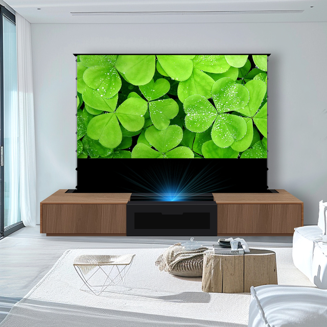 NEW 100/120 Inch Ultra Short Throw Motorized Floor Rising Projection Screen + Integrated UST Projector Cabinet for Home Theater