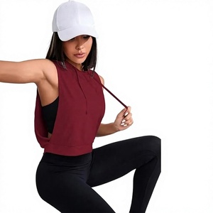 Women's <b>Sleeveless</b> <b>Hoodie</b> Burgundy Asymmetric Pullover Top with Drawstring - Product Image 1