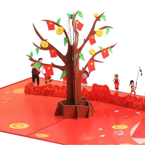 XINDUO biglietto di auguri del nuovo anno cinese fortuna del vento rosso busta albero 3D 3D anno giorno del regalo vuoto