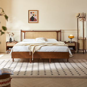 <span class=keywords><strong>Letto</strong></span> in Legno Massello Stile Wabi-Sabi con Testiera in Rattan Naturale, Misura King/Queen, per Camera da <span class=keywords><strong>Letto</strong></span> e Arredamento Homestay - Product Image 2