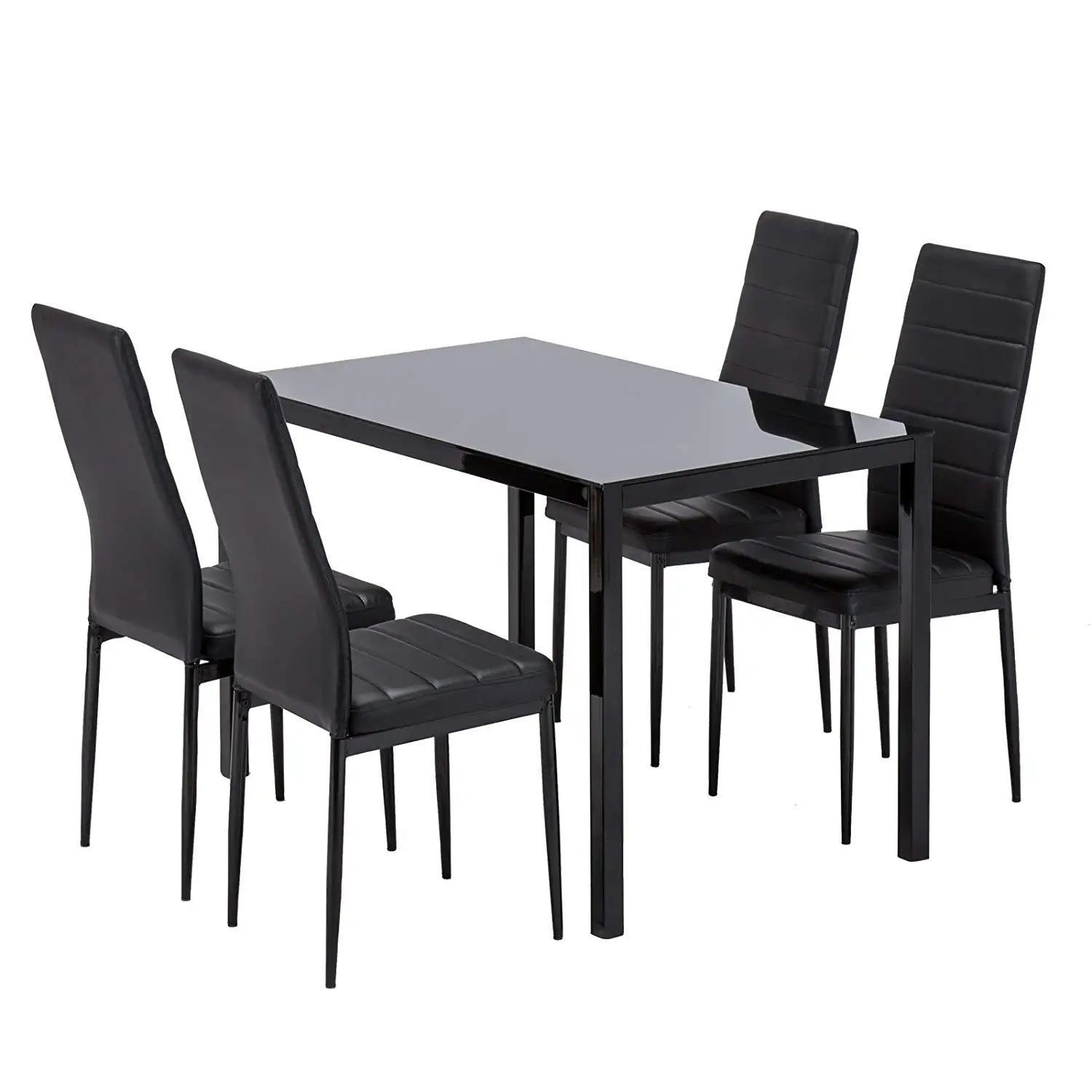 Set Meja Makan Cermin Kaca Tempered, Furnitur Ruang Makan Modern Kursi PVC Putih atau Hitam dengan Kaki Logam Pernis