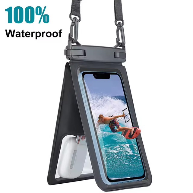Universal IPX8 Waterproof Phone Pouch Lanyard Touch Screen Finger Holder PVC Clear Design Luxury Style iPhone Compatible Black