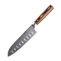 Couteau de chef Santoku à lame en acier inoxydable 5Cr15 de 7 pouces avec motif Damas et manche en bois coloré pour diverses tâches de découpe