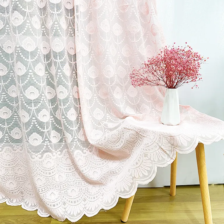 Tapicería rosa para habitación de niña, jacquard, ventana tricolor, gasa de poliéster floral, cortina de encaje transparente de punto