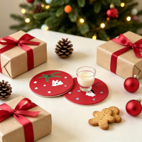 Sous-verre rond décoratif rouge de Noël en céramique imprimée UV, anti-rayures, avec dos en liège, logo personnalisé, pour table à manger et bar à café