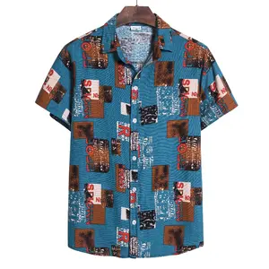 Custom African ethnic style dark flower men's large size style characteristic linen printed short sleeve shirt