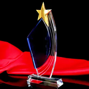 Trofe em branco personalizado de vidro de cristal, troféu em forma de estrela em cristal com base