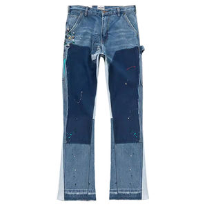 Jeans <span class=keywords><strong>de</strong></span> mezclilla lavados casuales <span class=keywords><strong>para</strong></span> hombre al por mayor con cintura acampanada <span class=keywords><strong>de</strong></span> patchwork retro y estampado elástico - Product Image 2
