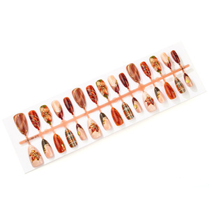 Uñas postizas de almendra para otoño/invierno, 30 piezas, con diseño 3D de flores degradadas, efecto manchado, cuadros y lámina dorada, para manicura DIY moderna. - Product Image 4