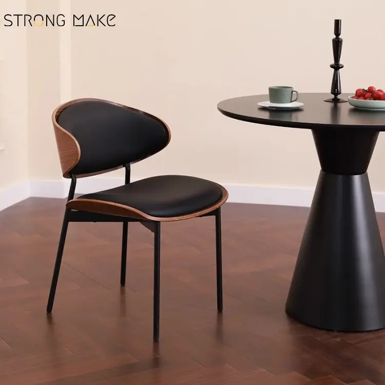 Современная дизайнерская мебель для ресторанов середины века, черные кожаные кухонные обеденные стулья из дерева и ореха