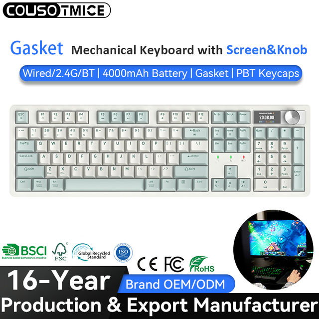 2026 New 104 Keys Bluetooth Tri-mode Hot Swappable Gasket Wireless Mechanical Gaming Keyboard with Smart LCD Screen & Knob