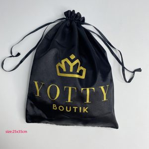 Bolsa de satén con cordón y logotipo personalizado, bolsa de satén negro con estampado en lámina dorada para empaque de pelucas, ropa y joyería. - Product Image 1