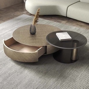 Juego de Mesa de Centro Redonda de Acero Inoxidable y Vidrio Templado de Diseño Moderno Minimalista de Lujo Ligero Italiano - Product Image 4