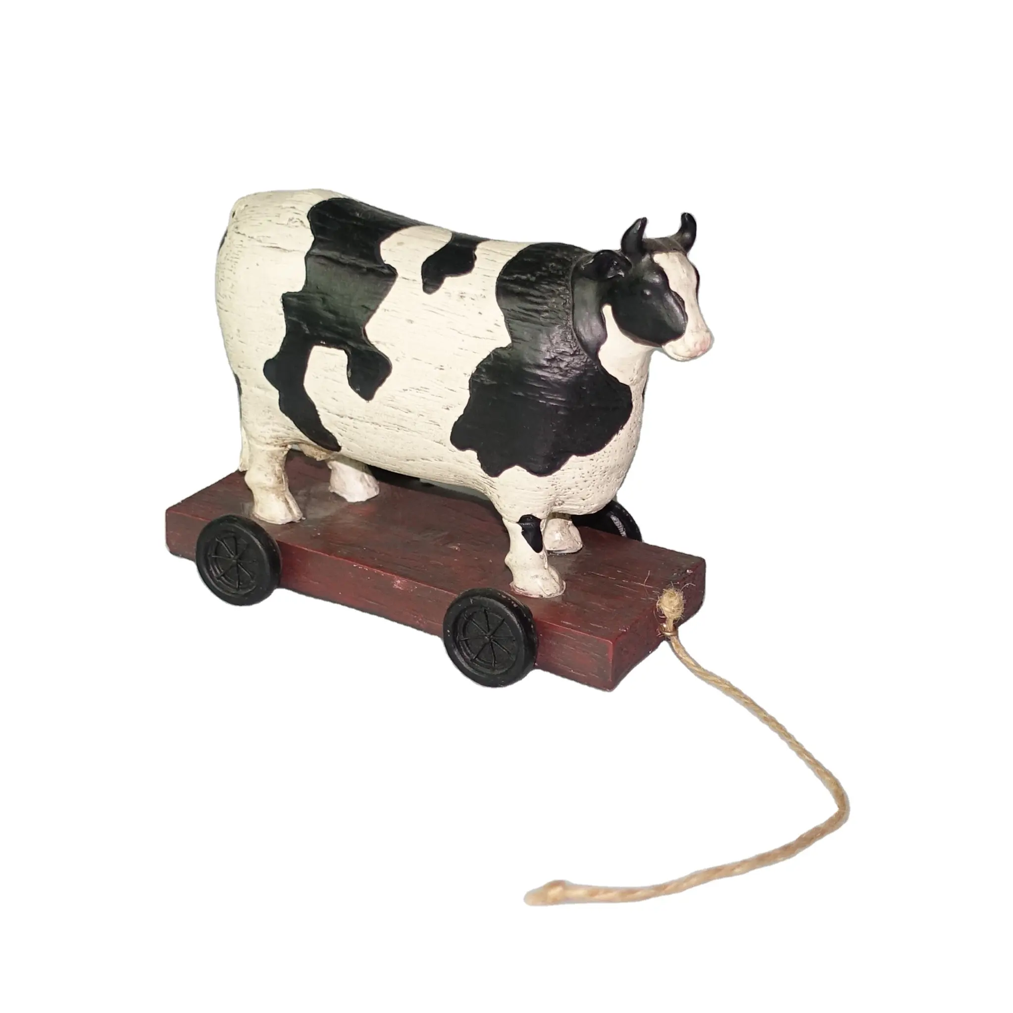 Harz Bauernhof Tier Pull Spielzeug 3 Sty Kuh Statue auf Rad Für Verkauf