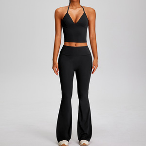 Ensemble de yoga 2 pièces pour femme, style européen et américain, effet seconde peau, séchage rapide, en Spandex/Nylon, couleur unie, coupe ajustée, longueur intégrale, pour le fitness - Product Image 3