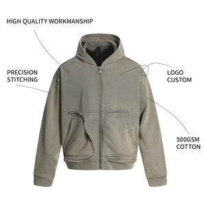 Vente en gros OEM Sweat à capuche en molleton bouclette avec fermeture éclair, 500 GSM, délavé vintage, coupe oversize, patchwork, en coton épais, pour homme, hiver - Product Image 2