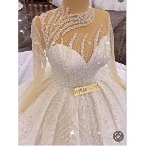 Venta al por menor 2025 nigeriano con cuentas de encaje vestido de novia de manga larga vestido de baile con tren de la Catedral para Aso Ebi <span class=keywords><strong>fiesta</strong></span> vestido de novia - Product Image 1