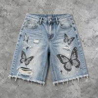 Celana Pendek Denim YINBO Custom Motif Kupu-kupu Berhias Rhinestone, Bernapas, Gaya Y2K Hip Hop Kasual Wanita Pria Vintage, Pinggiran Raw Hem, Musim Panas