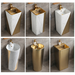 Lavabo a colonna in stile europeo placcato oro con lavabo in ceramica integrato per bagno hotel e appartamento, rubinetto a foro singolo - Product Image 2