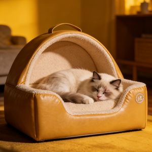 Lit pour chat en cuir PU imperméable avec cadre en bois massif personnalisé, lit pour chien luxueux en fourrure Sherpa apaisante, fabricant Chine - Product Image 1