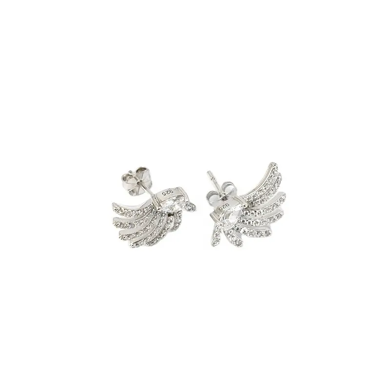 925 Silver Stud Earring Wholesale Custom Diamond Pave Wing Shaped Stud Earring Women Jewelry